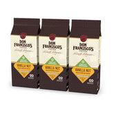 Don Francisco's Decaf Vanilla Nut Ground Coffee packaging highlights freshness via nitrogen-flushed bags.
