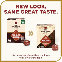Closeup of Kona Blend pods showing 10% Kona and premium Arabica for rich flavor.