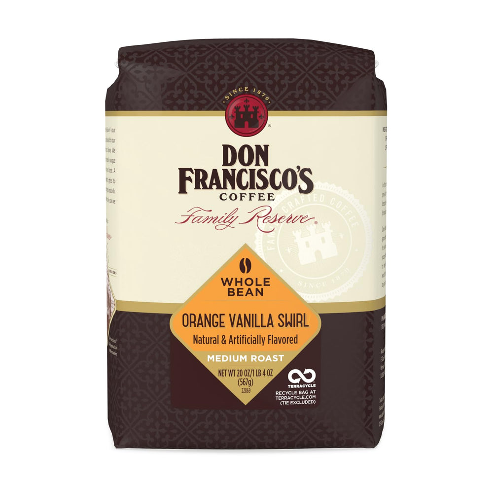 Don Francisco's Orange Vanilla Swirl whole-bean coffee in a 20 oz bag preserves freshness with nitrogen flush.