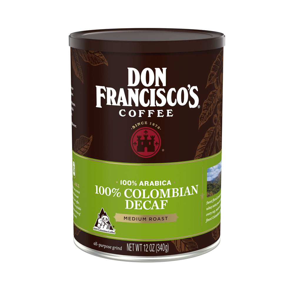 Don Francisco's decaf Colombia Supremo can; rich aroma for mornings