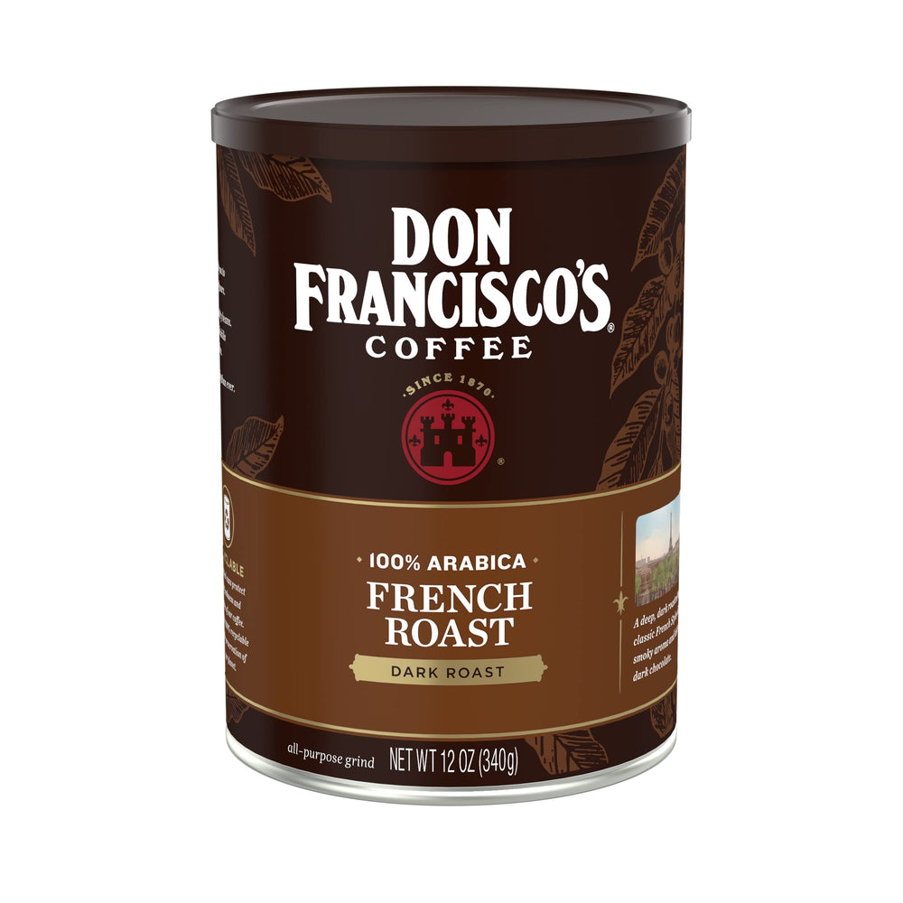 Don Francisco's Premium French Dark Roast coffee can, rich aroma for a bold morning brew.