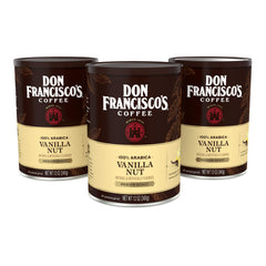Don Francisco's Vanilla Nut ground coffee packaging showing freshness seals and label.