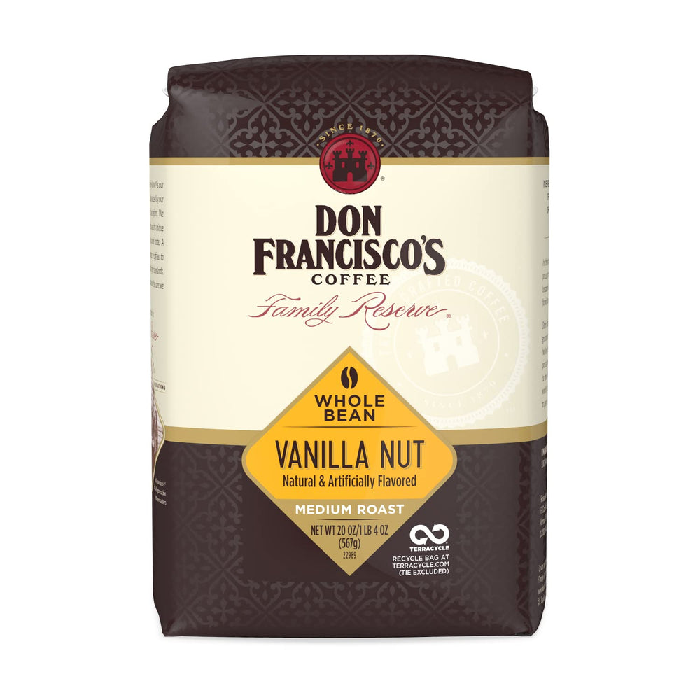 Don Francisco's Vanilla Nut whole bean coffee bag ready to grind for a flavorful cup.