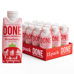 DONE prebiotic protein drink strawberry bottle, bright on-the-go protein option