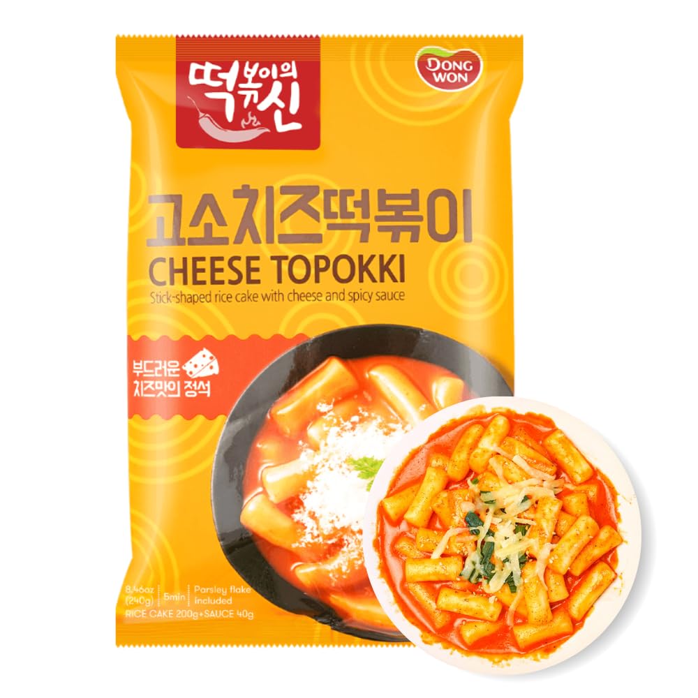 DONG WON Topokki cheese and spicy sauce bowl showcases bold flavors for a quick snack.