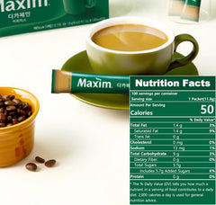 Dongsuh Maxim Decaf Coffee Mix 50T mug with steaming cup