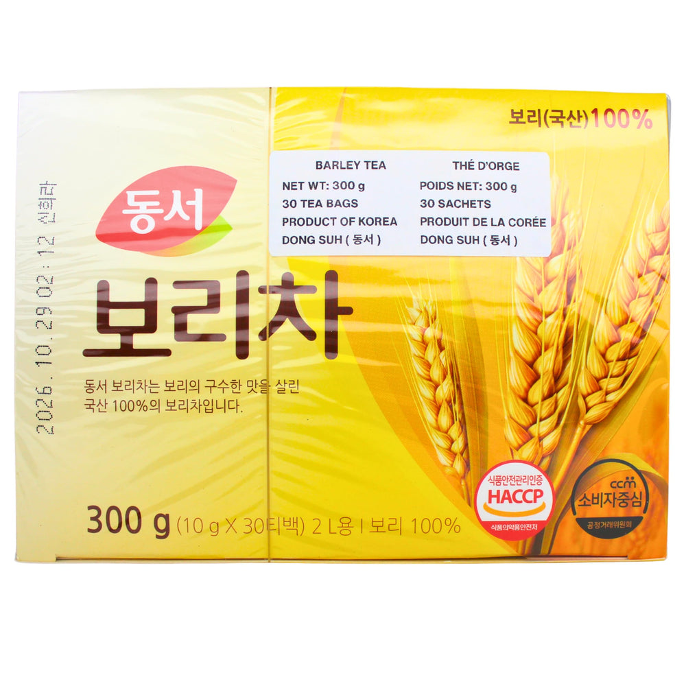 Dongsuh Roasted Barley Tea packaging close-up highlighting quality and heritage