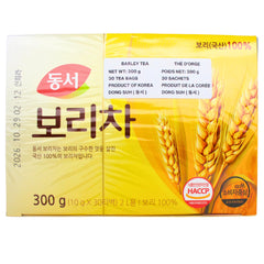 Dongsuh Roasted Barley Tea packaging close-up highlighting quality and heritage