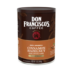 Don Francisco's Cinnamon Hazelnut ground coffee can releasing rich aroma for brewing.