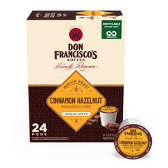 Don Francisco's Cinnamon Hazelnut coffee pods box showcases a flavorful medium roast for convenient mornings.