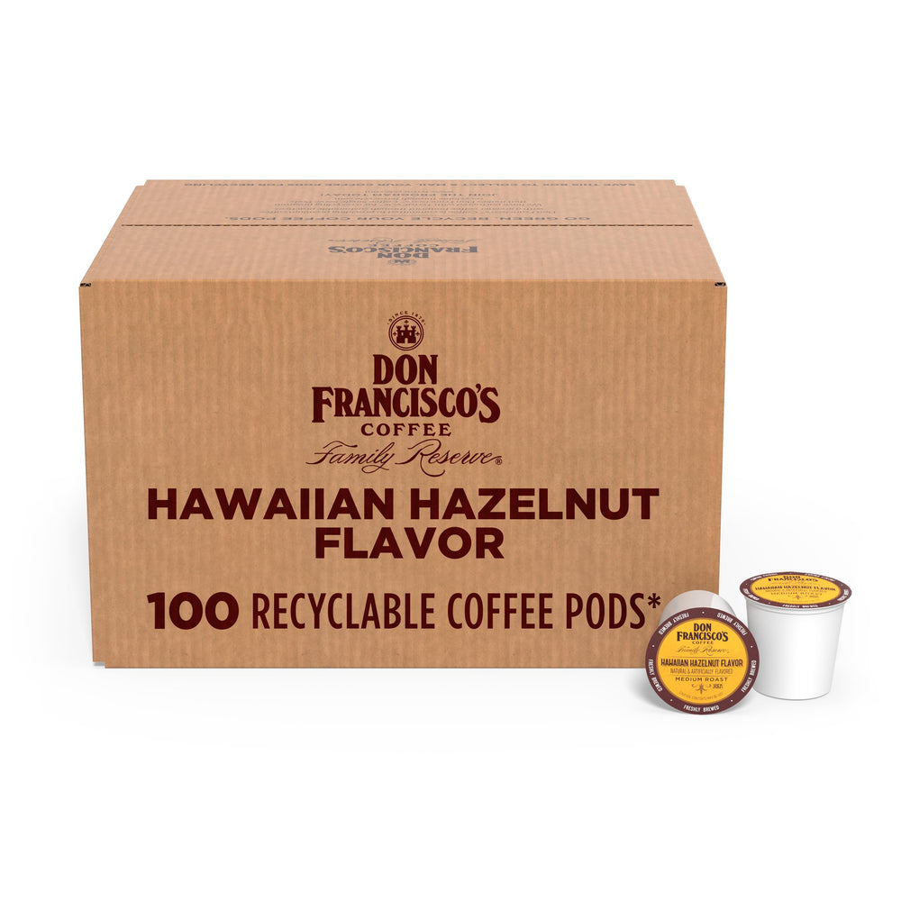 Don Francisco's Hawaiian Hazelnut pod box front, 100-count package for quick mornings.