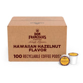 Don Francisco's Hawaiian Hazelnut pod box front, 100-count package for quick mornings.