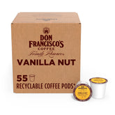 Don Francisco's Vanilla Nut pods on counter; quick mornings with smooth medium-roast flavor.