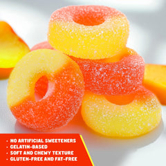 Donty-Tonty Peach Rings sugar coating detail indicating light sweetness.