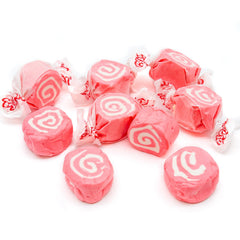 Donty-Tonty cinnamon taffy in a clear bag shows pink and white swirl and soft chew.