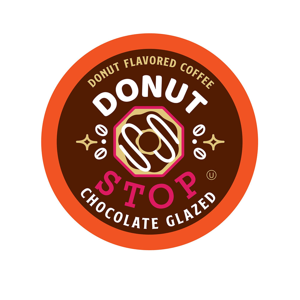 Donut Stop Chocolate Glazed packshot showcases donut-inspired coffee pods for home brewing