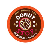 Donut Stop Chocolate Glazed packshot showcases donut-inspired coffee pods for home brewing