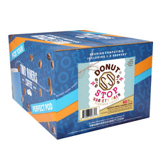 Donut Stop variety pack display showing multiple donut coffee flavors.