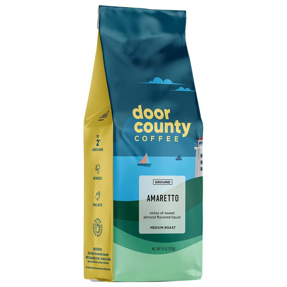 Door County Coffee Amaretto Ground bag front highlights premium Arabica flavor for gourmet mornings.