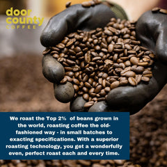 Door County Coffee arabica beans closeup shows high-quality flavor.