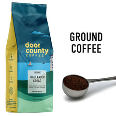 Door County Highlander Grogg packaging closeup highlights bold, flavorful notes.
