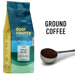 Door County Coffee Turtles in a Cup label closeup rich aroma and premium branding