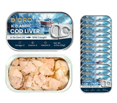 D’ORO Icelandic cod liver in own oil bottle showcasing premium freshness.