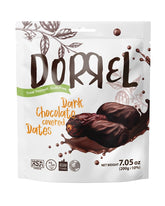 Dorrel Belgian dark chocolate covered Medjool dates pack front for on-the-go snacking.