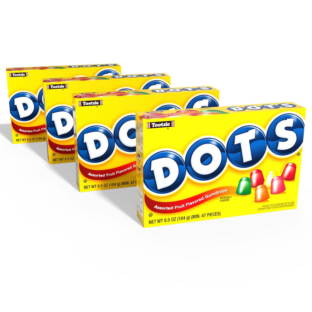 Tootsie Roll DOTS assorted fruit gumdrops in theater box, colorful and chewy snacks.