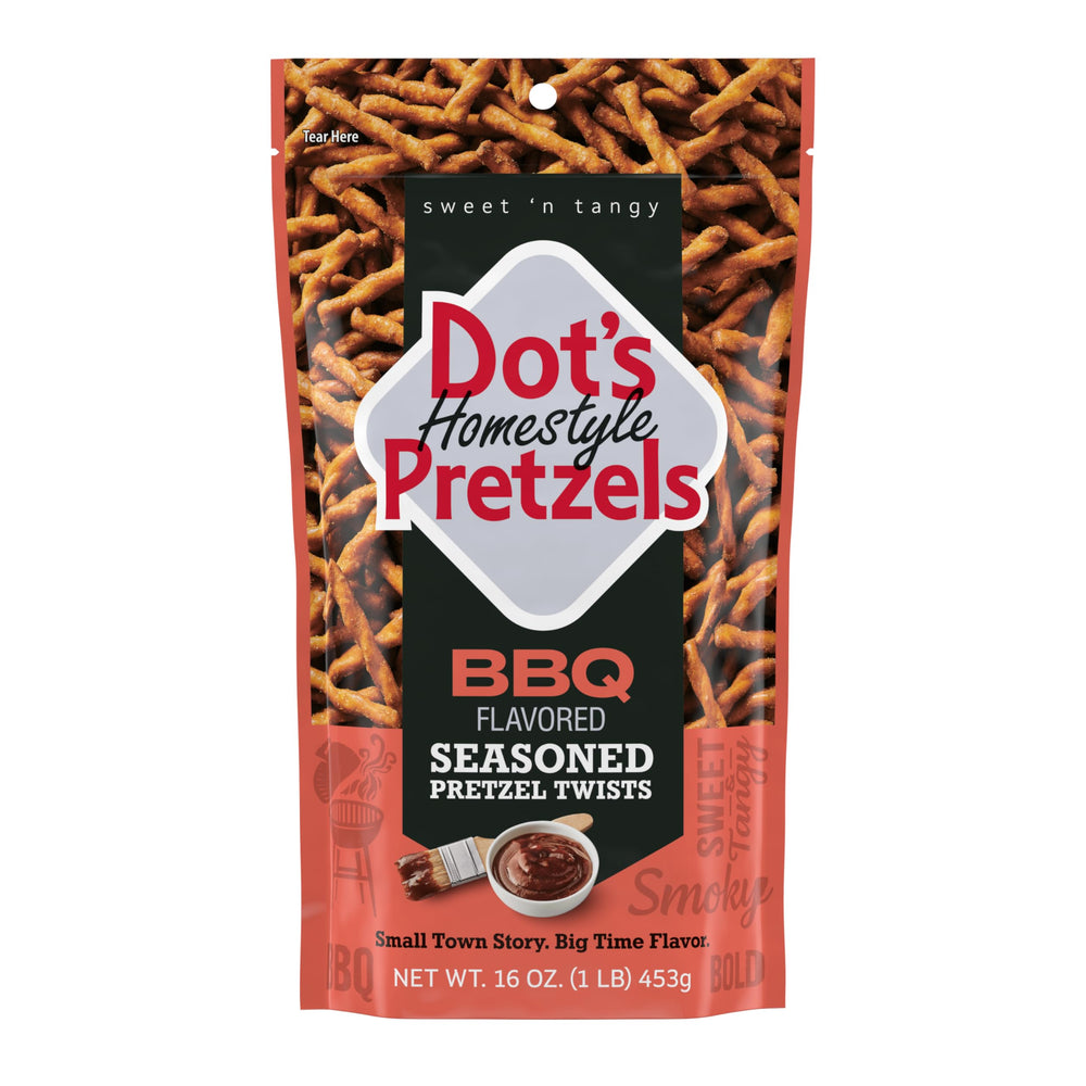 Dots Homestyle Pretzels BBQ Twist bag closeup; bold flavor and satisfying crunch