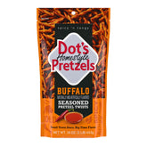 Dot's Homestyle Buffalo pretzels front bag; resealable packaging for easy sharing.
