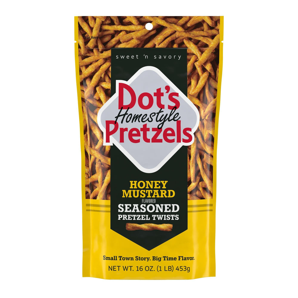 Dot's Homestyle Pretzels Honey Mustard bag front, ideal for quick, flavorful snacking.