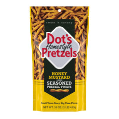 Dot's Homestyle Pretzels Honey Mustard bag front, ideal for quick, flavorful snacking.