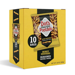 Dot's Homestyle Pretzels honey mustard packaging showing the 10-pack for convenient snacking