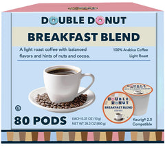 Double Donut Breakfast Blend pods for Keurig brewing—convenient, balanced flavor.