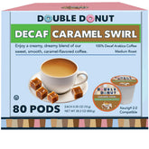 Double Donut Caramel Swirl Decaf pods in front of box for home brewing