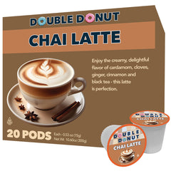 Double Donut Coffee Chai Latte Pod pour close-up, rich spice blend for cafe-style latte at home.