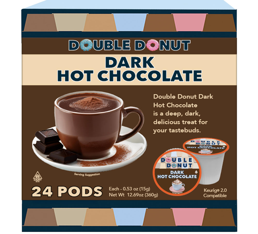 Double Donut Coffee dark hot chocolate pods in a box for easy Keurig brewing.