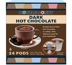 Double Donut Coffee dark hot chocolate pods in a box for easy Keurig brewing.