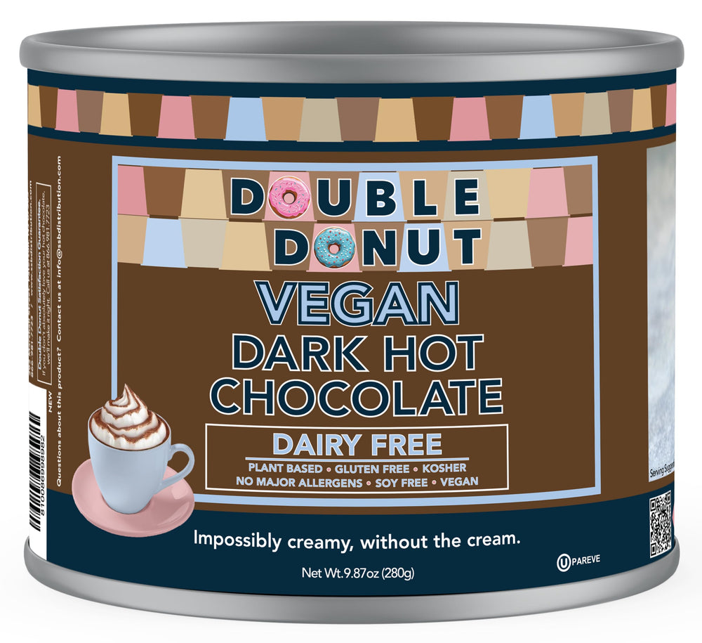 Double Donut Coffee dark vegan hot cocoa canister, velvety and dairy-free indulgence.
