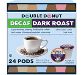 Double Donut Coffee decaf dark roast pods in a cup with bold flavor