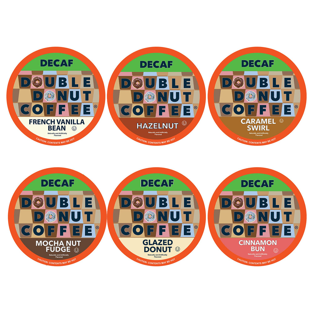 Double Donut decaf variety pack box for convenient caffeine-free mornings.