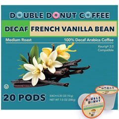 Double Donut Coffee decaf vanilla bean pods packaging shown, highlighting recyclable material for eco-friendly homes.
