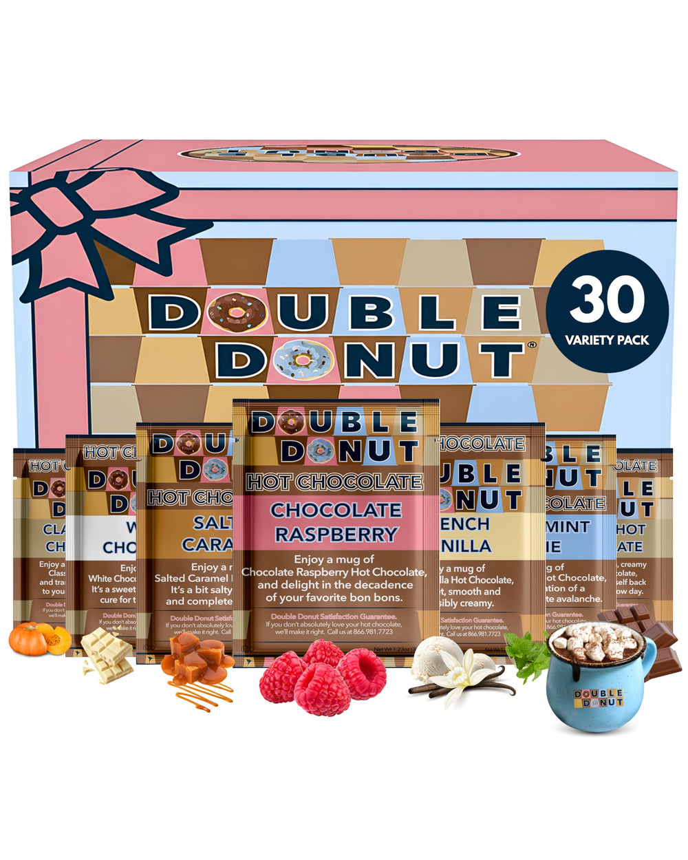 Double Donut Coffee flavored hot cocoa variety pack front view for cozy evenings.