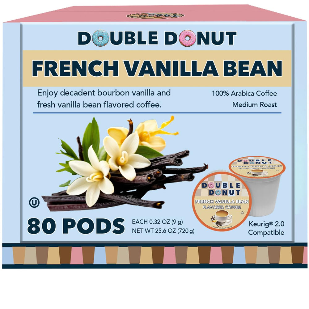 Double Donut Coffee Vanilla Bean K-Cup pod shows smooth vanilla flavor for Keurig brews