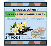 Double Donut Decaf French Vanilla pod beside a steaming cup for a mellow morning.