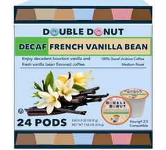 Double Donut Decaf French Vanilla pod beside a steaming cup for a mellow morning.