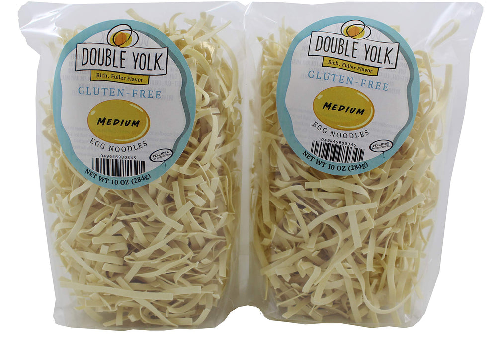 Double Yolk gluten-free medium egg noodles pack, versatile for quick weeknight meals.