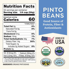 Doudlah Farms Organic Pinto Beans 5 lb back label, highlights certifications and clean farming.