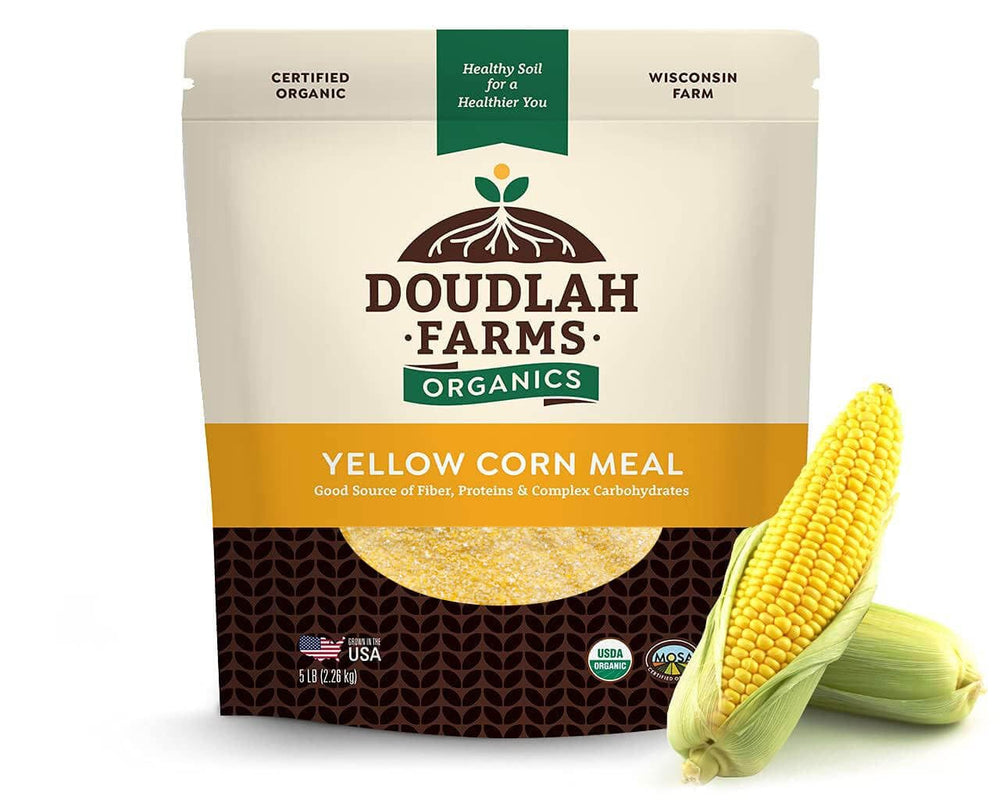 Doudlah Farms organic yellow cornmeal 5 lb packaging shows purity and non-GMO status for baking.